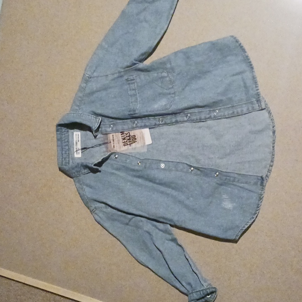 Zara, kids, distressed denim, collared shirt. Size 5